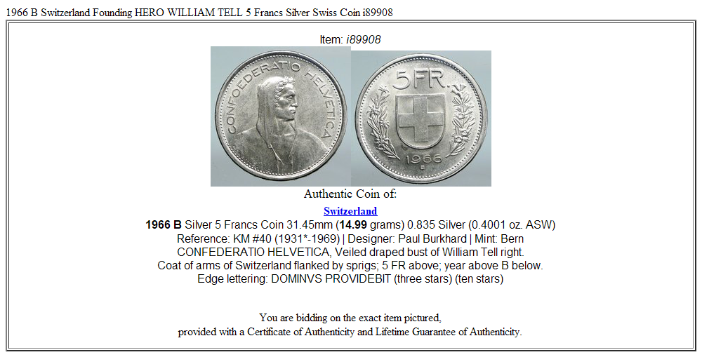 1966 B Switzerland Founding HERO WILLIAM TELL 5 Francs Silver Swiss Coin i89908