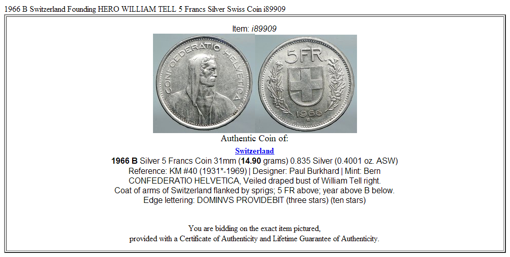 1966 B Switzerland Founding HERO WILLIAM TELL 5 Francs Silver Swiss Coin i89909