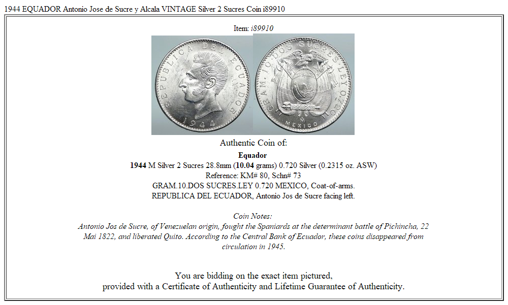 1944 EQUADOR Antonio Jose de Sucre y Alcala VINTAGE Silver 2 Sucres Coin i89910