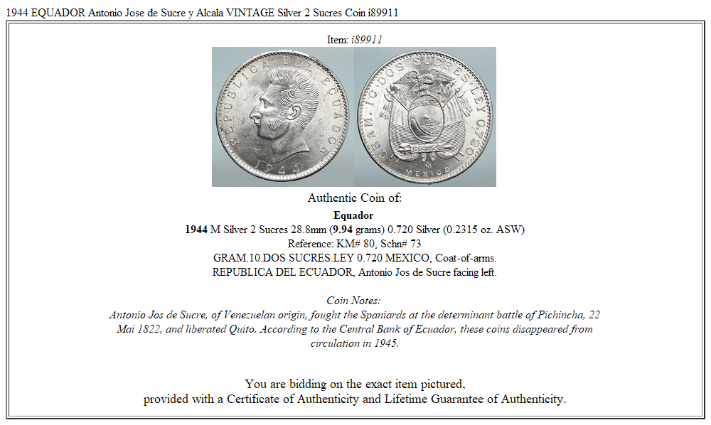 1944 EQUADOR Antonio Jose de Sucre y Alcala VINTAGE Silver 2 Sucres Coin i89911