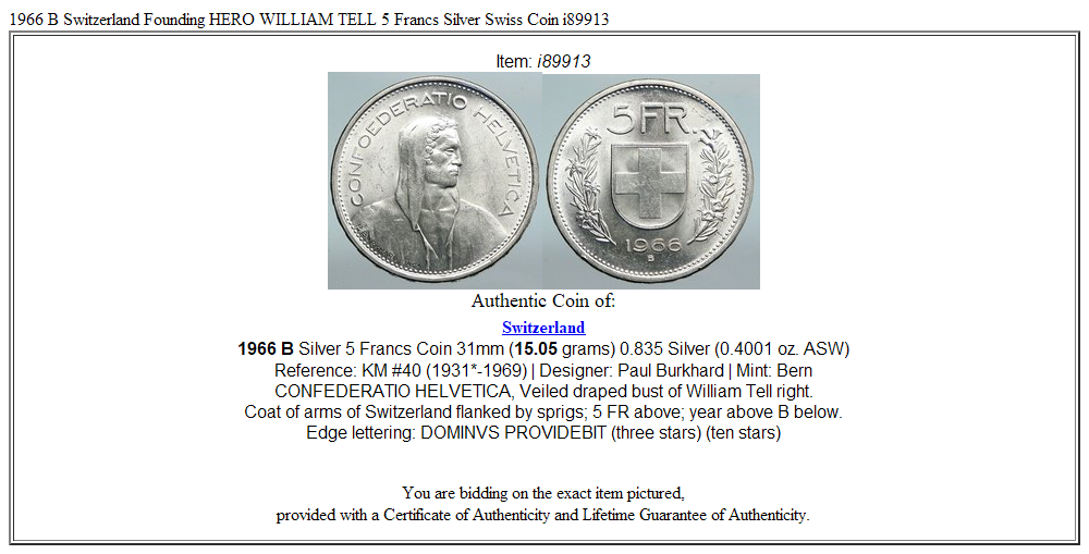 1966 B Switzerland Founding HERO WILLIAM TELL 5 Francs Silver Swiss Coin i89913