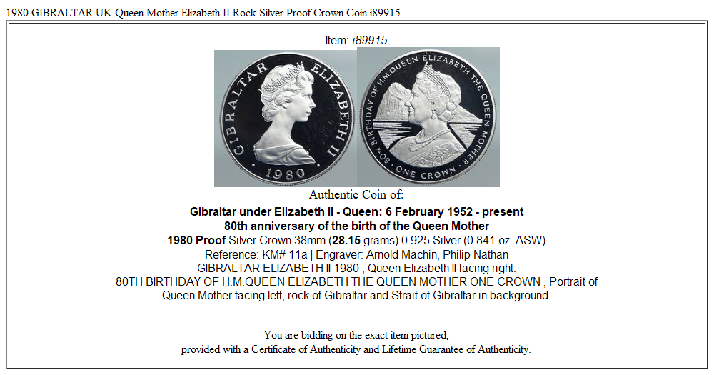 1980 GIBRALTAR UK Queen Mother Elizabeth II Rock Silver Proof Crown Coin i89915