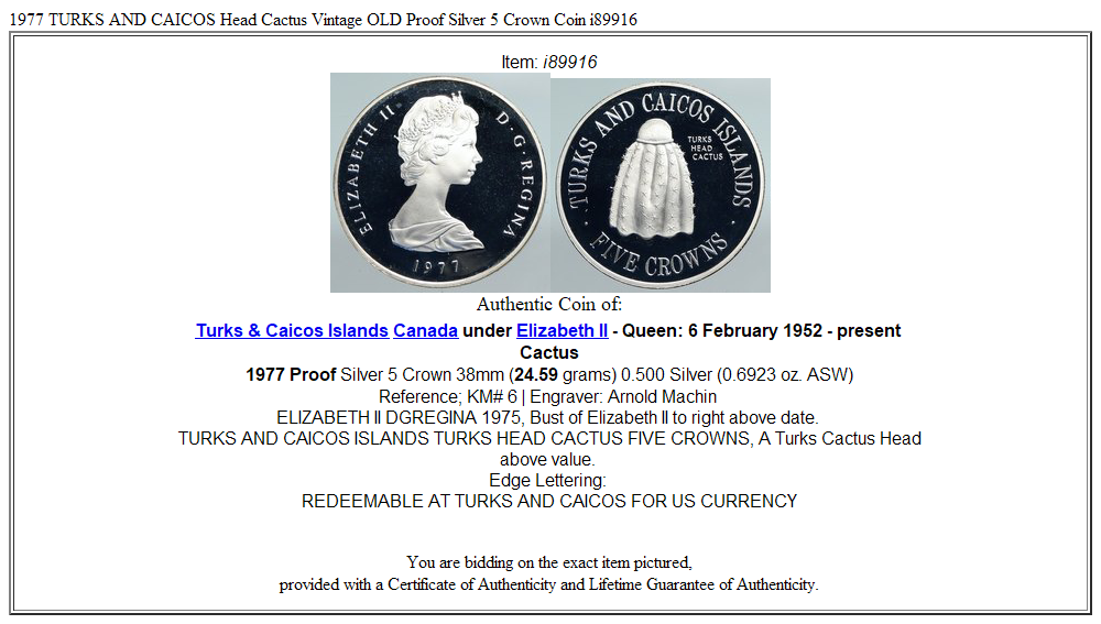 1977 TURKS AND CAICOS Head Cactus Vintage OLD Proof Silver 5 Crown Coin i89916