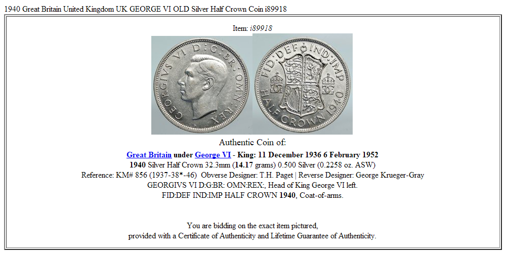 1940 Great Britain United Kingdom UK GEORGE VI OLD Silver Half Crown Coin i89918