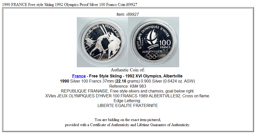 1990 FRANCE Free style Skiing 1992 Olympics Proof Silver 100 Francs Coin i89927