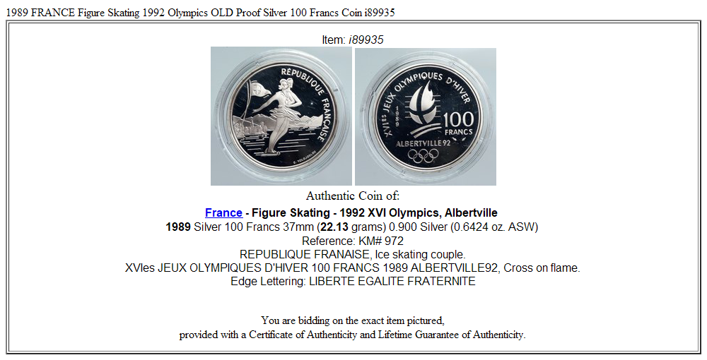 1989 FRANCE Figure Skating 1992 Olympics OLD Proof Silver 100 Francs Coin i89935