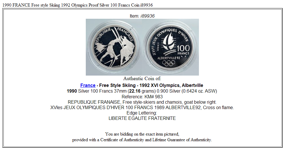 1990 FRANCE Free style Skiing 1992 Olympics Proof Silver 100 Francs Coin i89936