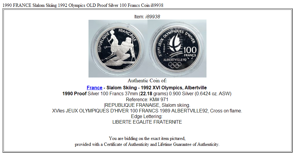 1990 FRANCE Slalom Skiing 1992 Olympics OLD Proof Silver 100 Francs Coin i89938