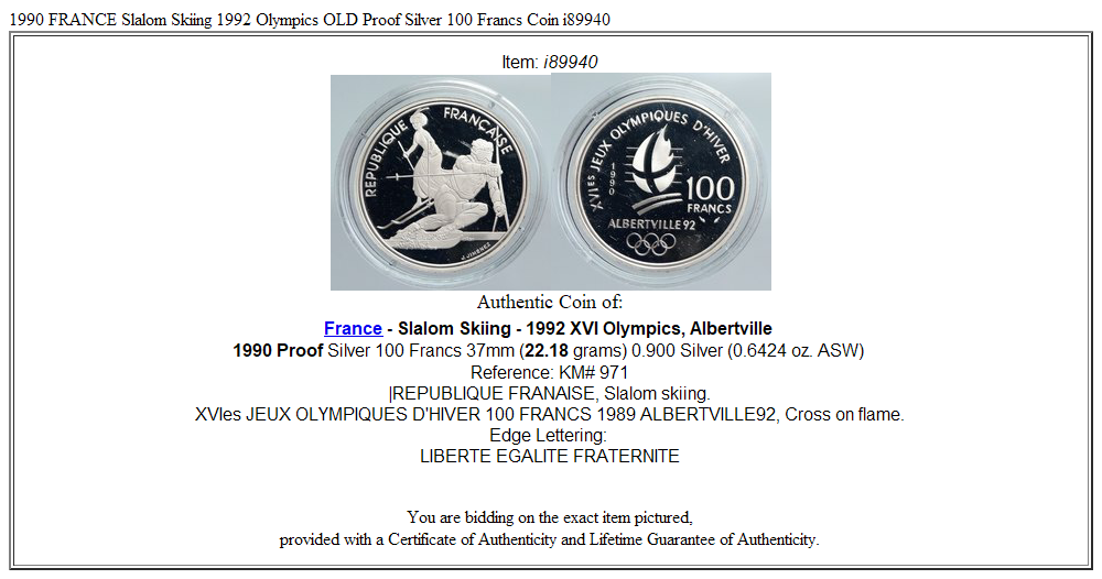 1990 FRANCE Slalom Skiing 1992 Olympics OLD Proof Silver 100 Francs Coin i89940