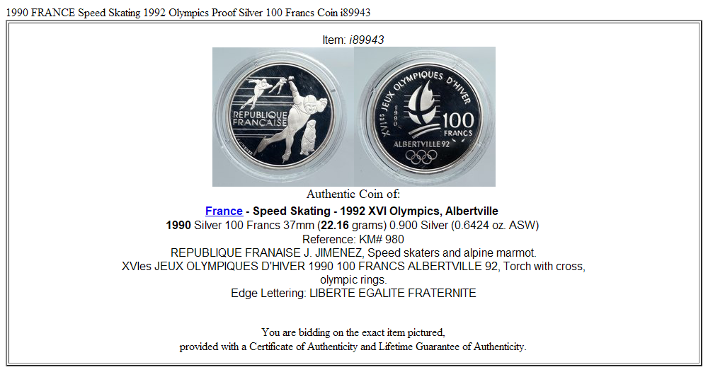 1990 FRANCE Speed Skating 1992 Olympics Proof Silver 100 Francs Coin i89943