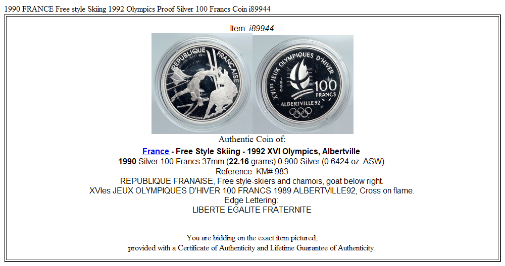 1990 FRANCE Free style Skiing 1992 Olympics Proof Silver 100 Francs Coin i89944