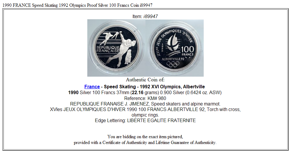 1990 FRANCE Speed Skating 1992 Olympics Proof Silver 100 Francs Coin i89947