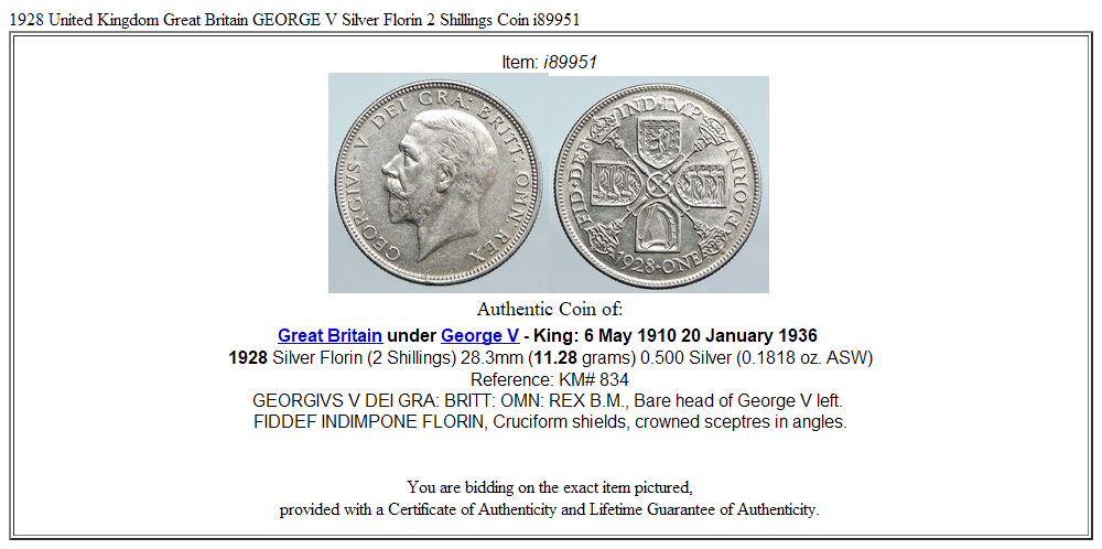 1928 United Kingdom Great Britain GEORGE V Silver Florin 2 Shillings Coin i89951