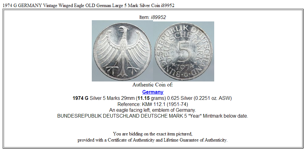 1974 G GERMANY Vintage Winged Eagle OLD German Large 5 Mark Silver Coin i89952