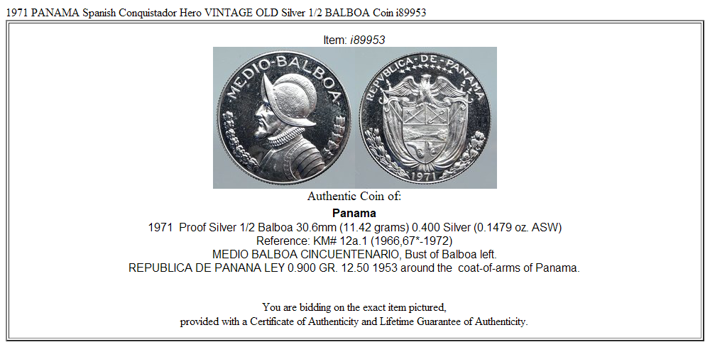 1971 PANAMA Spanish Conquistador Hero VINTAGE OLD Silver 1/2 BALBOA Coin i89953