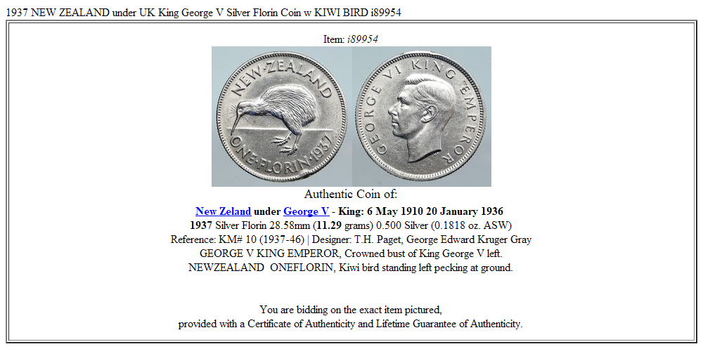 1937 NEW ZEALAND under UK King George V Silver Florin Coin w KIWI BIRD i89954