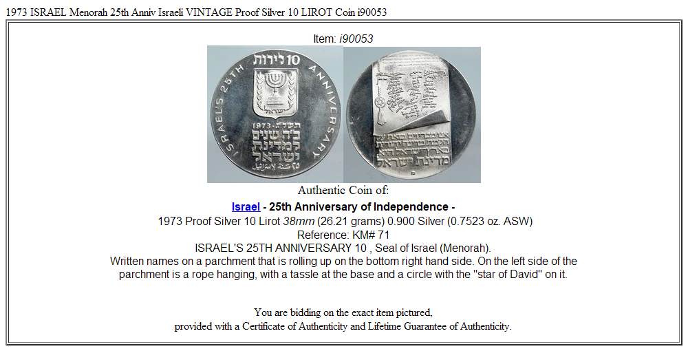 1973 ISRAEL Menorah 25th Anniv Israeli VINTAGE Proof Silver 10 LIROT Coin i90053