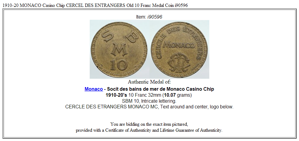 1910-20 MONACO Casino Chip CERCEL DES ENTRANGERS Old 10 Franc Medal Coin i90596