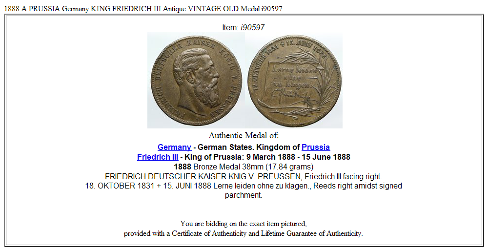 1888 A PRUSSIA Germany KING FRIEDRICH III Antique VINTAGE OLD Medal i90597