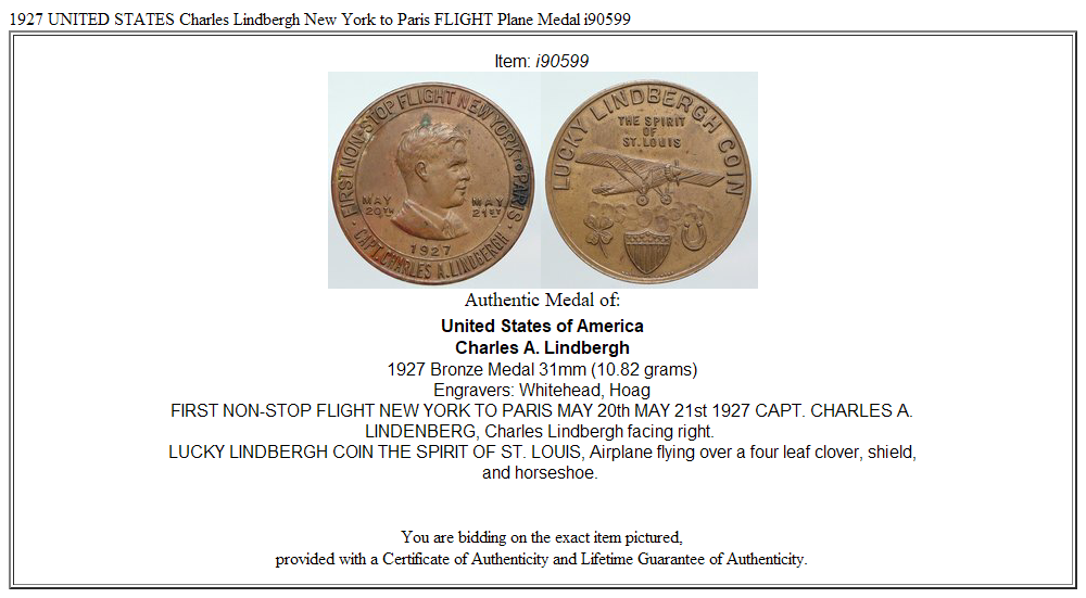 1927 UNITED STATES Charles Lindbergh New York to Paris FLIGHT Plane Medal i90599