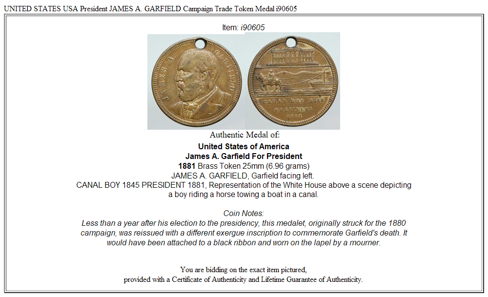 UNITED STATES USA President JAMES A. GARFIELD Campaign Trade Token Medal i90605