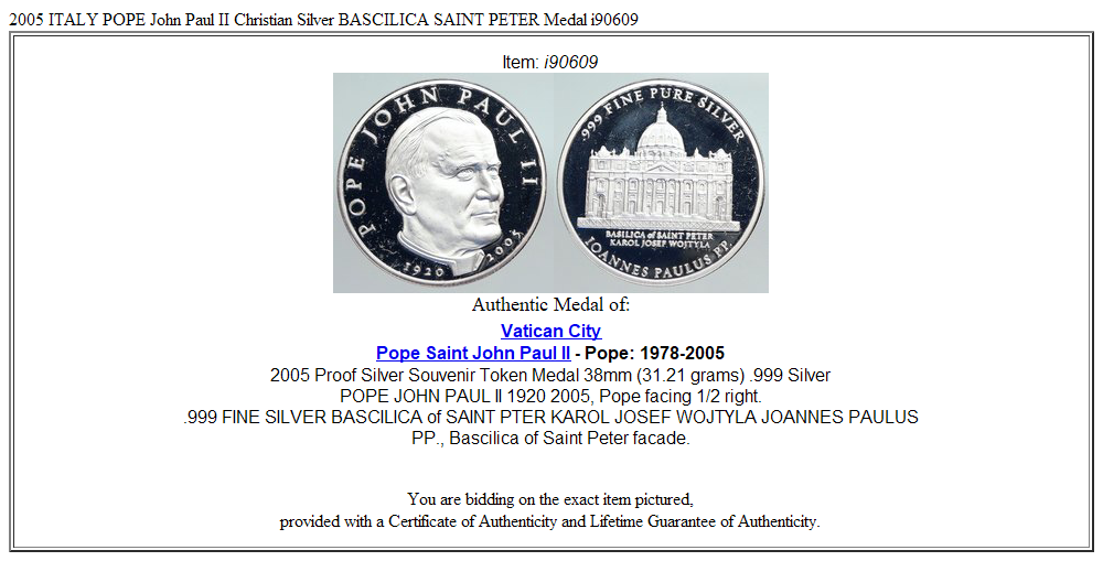 2005 ITALY POPE John Paul II Christian Silver BASCILICA SAINT PETER Medal i90609