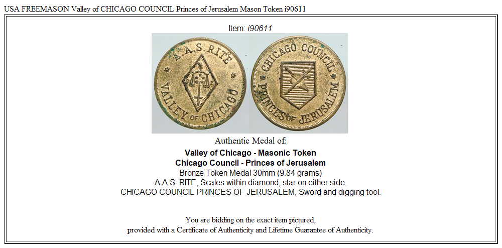 USA FREEMASON Valley of CHICAGO COUNCIL Princes of Jerusalem Mason Token i90611