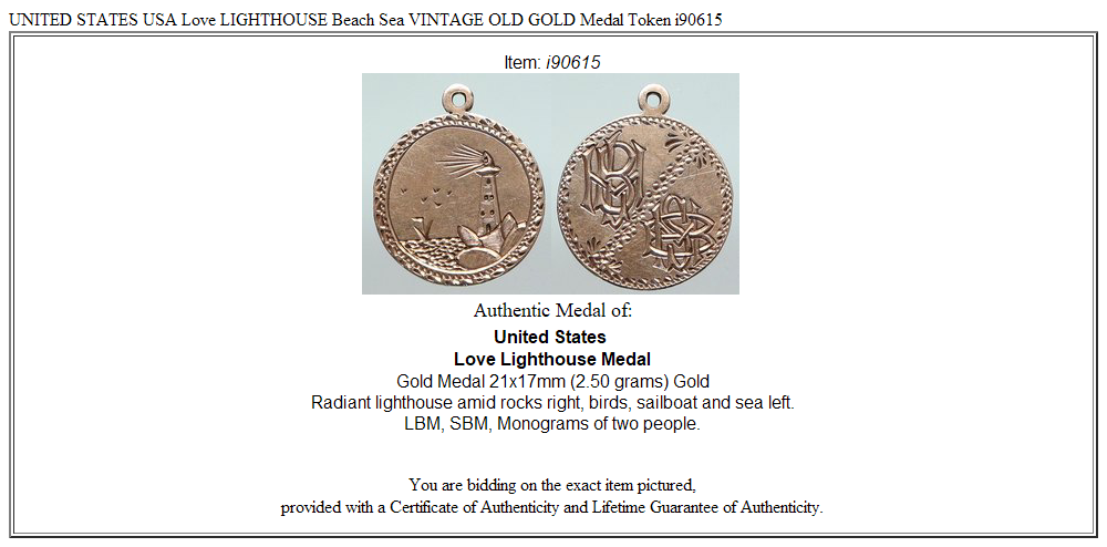 UNITED STATES USA Love LIGHTHOUSE Beach Sea VINTAGE OLD GOLD Medal Token i90615