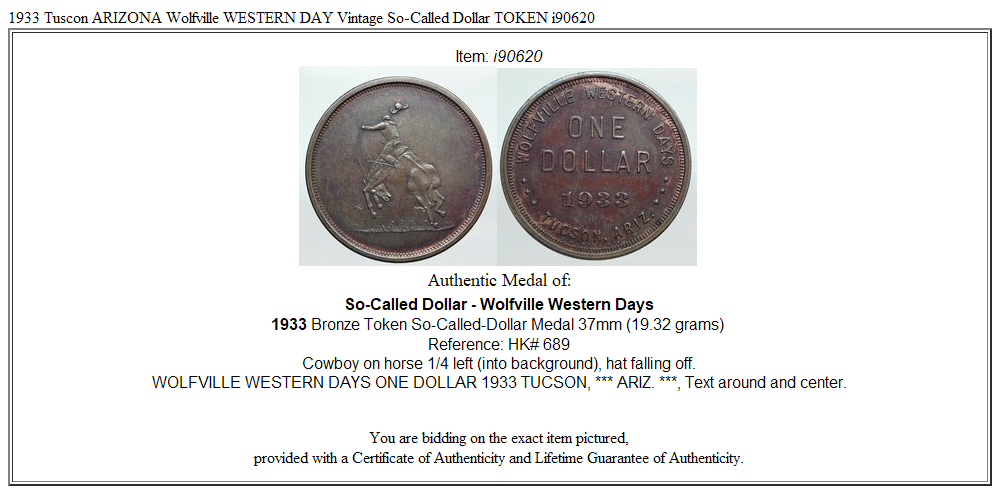 1933 Tuscon ARIZONA Wolfville WESTERN DAY Vintage So-Called Dollar TOKEN i90620