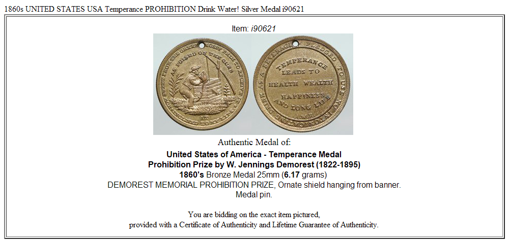 1860s UNITED STATES USA Temperance PROHIBITION Drink Water! Silver Medal i90621