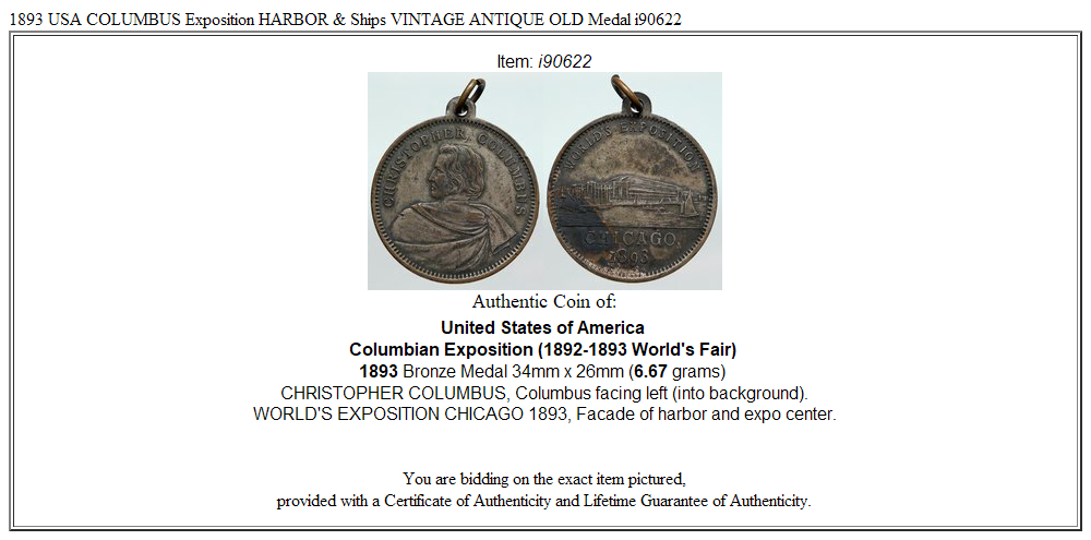 1893 USA COLUMBUS Exposition HARBOR & Ships VINTAGE ANTIQUE OLD Medal i90622