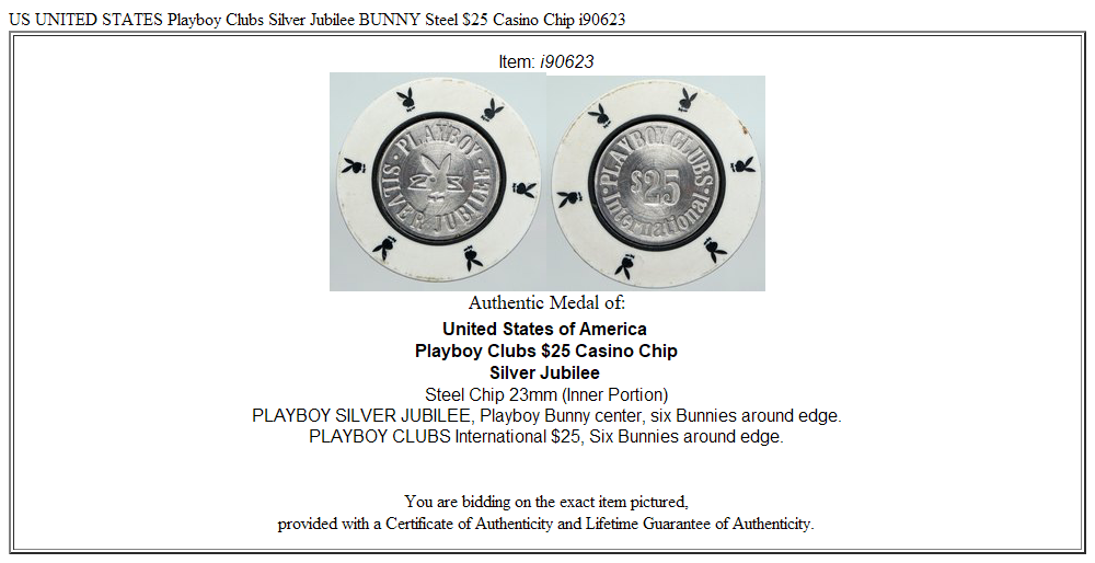 US UNITED STATES Playboy Clubs Silver Jubilee BUNNY Steel $25 Casino Chip i90623