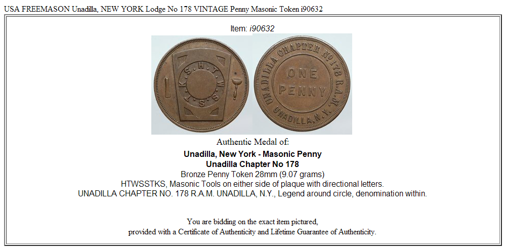 USA FREEMASON Unadilla, NEW YORK Lodge No 178 VINTAGE Penny Masonic Token i90632