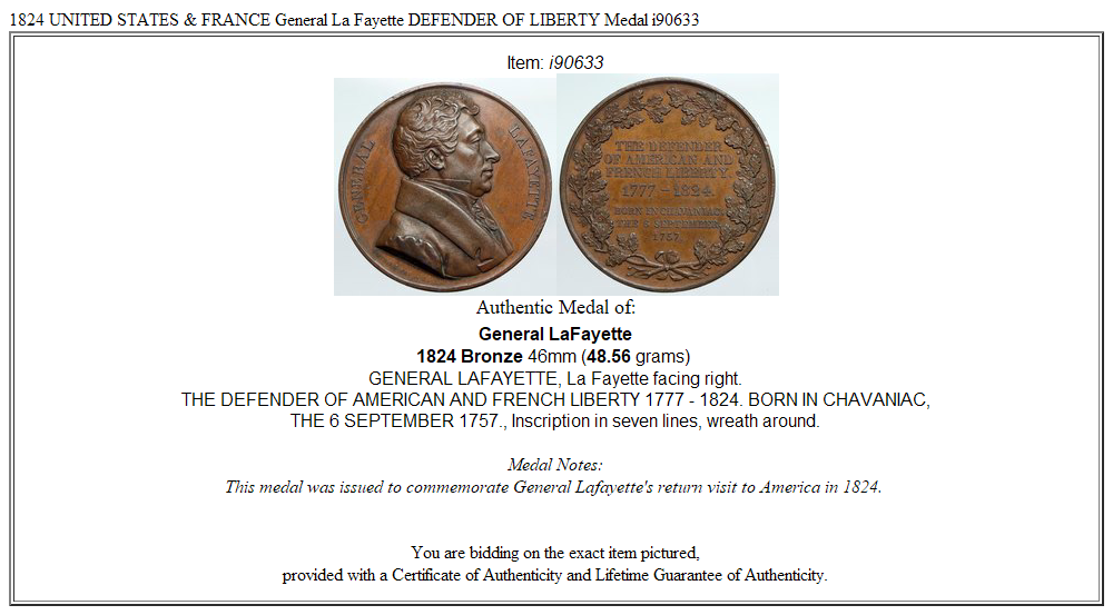 1824 UNITED STATES & FRANCE General La Fayette DEFENDER OF LIBERTY Medal i90633