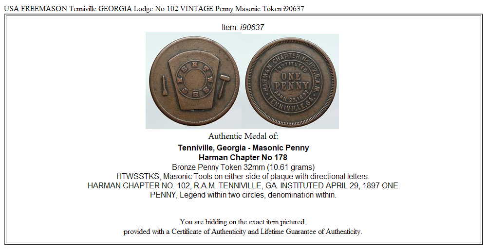 USA FREEMASON Tenniville GEORGIA Lodge No 102 VINTAGE Penny Masonic Token i90637