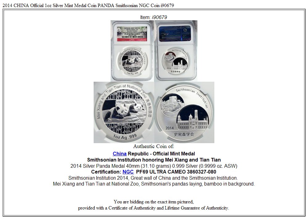 2014 CHINA Official 1oz Silver Mint Medal Coin PANDA Smithsonian NGC Coin i90679