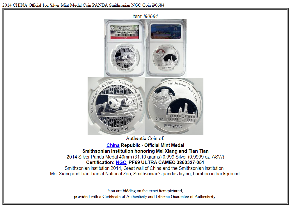 2014 CHINA Official 1oz Silver Mint Medal Coin PANDA Smithsonian NGC Coin i90684