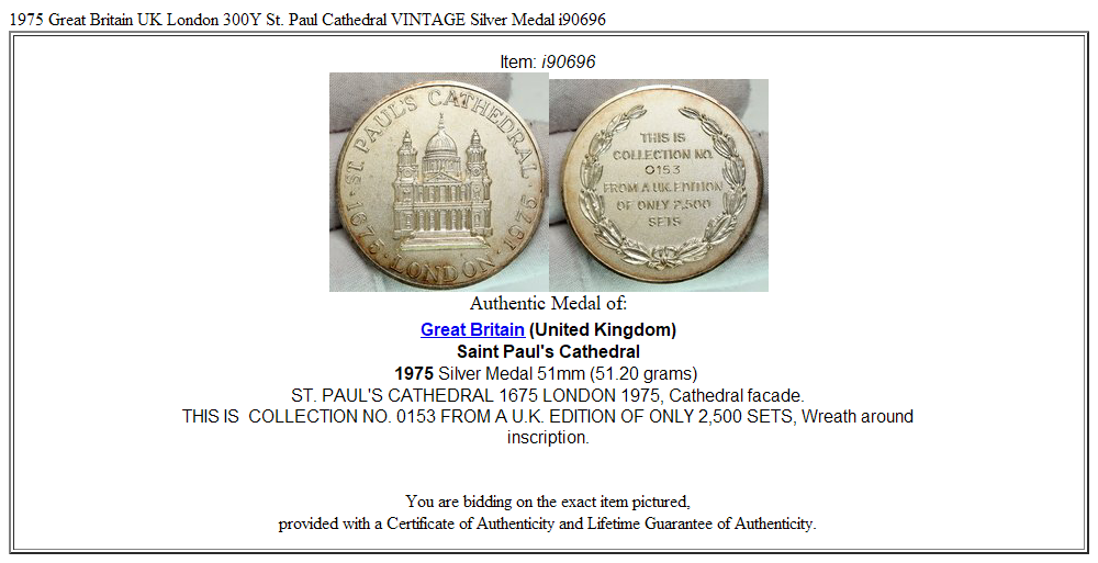 1975 Great Britain UK London 300Y St. Paul Cathedral VINTAGE Silver Medal i90696