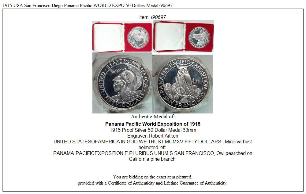 1915 USA San Francisco Diego Panama Pacific WORLD EXPO 50 Dollars Medal i90697