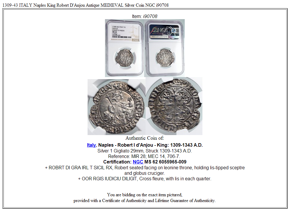 1309-43 ITALY Naples King Robert D'Anjou Antique MEDIEVAL Silver Coin NGC i90708