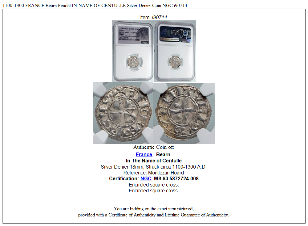 1100-1300 FRANCE Bearn Feudal IN NAME OF CENTULLE Silver Denier Coin NGC i90714