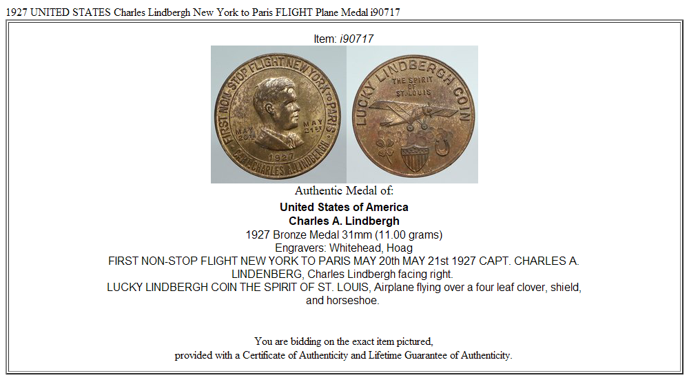 1927 UNITED STATES Charles Lindbergh New York to Paris FLIGHT Plane Medal i90717