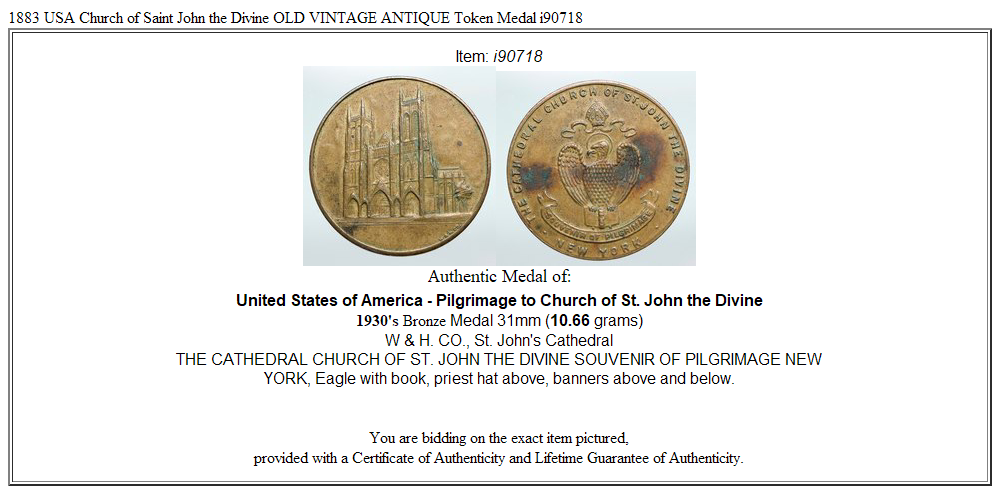 1883 USA Church of Saint John the Divine OLD VINTAGE ANTIQUE Token Medal i90718