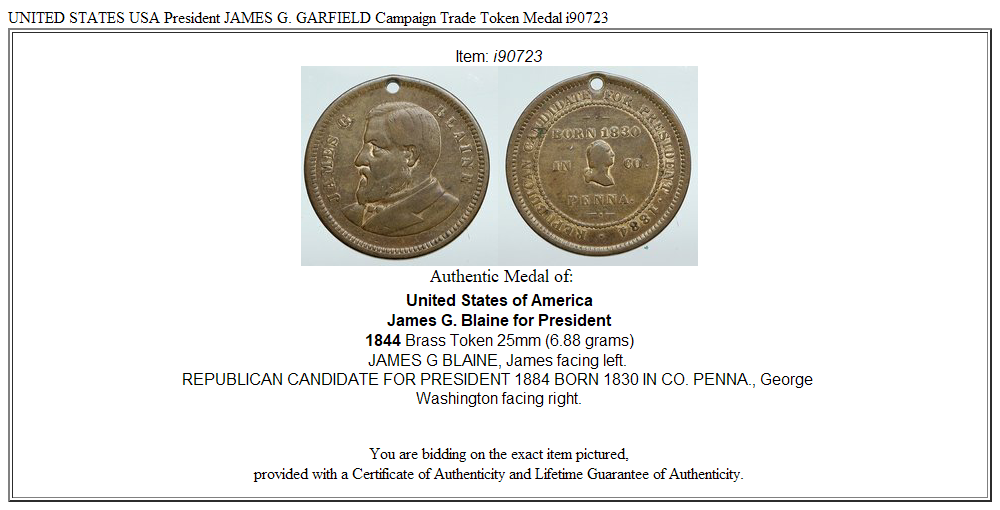 UNITED STATES USA President JAMES G. GARFIELD Campaign Trade Token Medal i90723