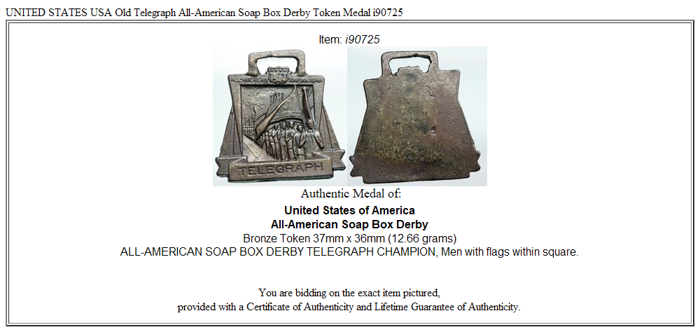 UNITED STATES USA Old Telegraph All-American Soap Box Derby Token Medal i90725