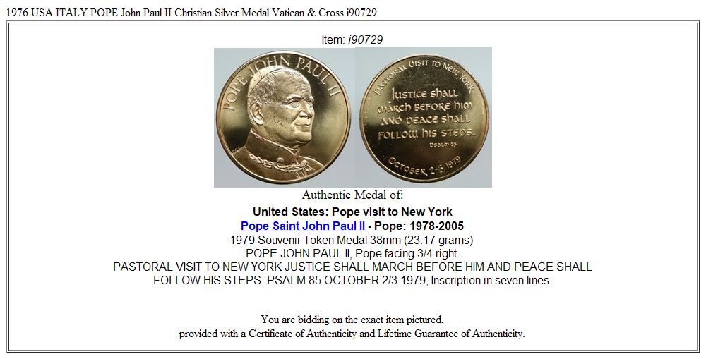 1976 USA ITALY POPE John Paul II Christian Silver Medal Vatican & Cross i90729