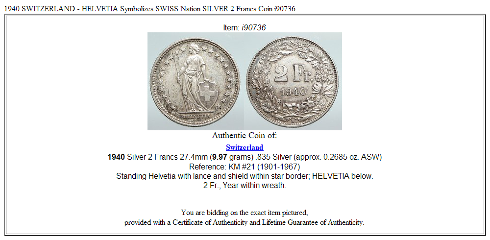 1940 SWITZERLAND - HELVETIA Symbolizes SWISS Nation SILVER 2 Francs Coin i90736