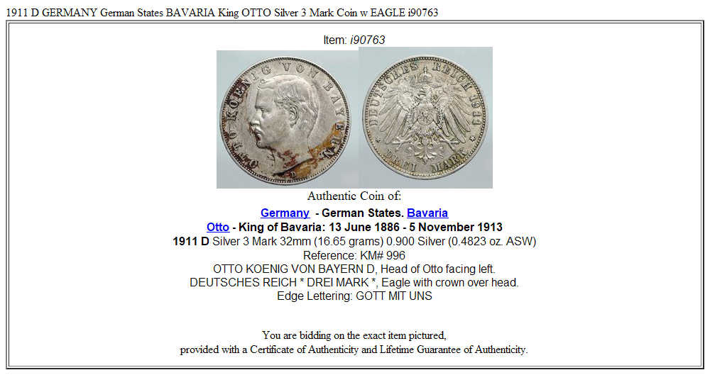 1911 D GERMANY German States BAVARIA King OTTO Silver 3 Mark Coin w EAGLE i90763