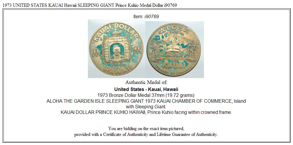 1973 UNITED STATES KAUAI Hawaii SLEEPING GIANT Prince Kuhio Medal Dollar i90769