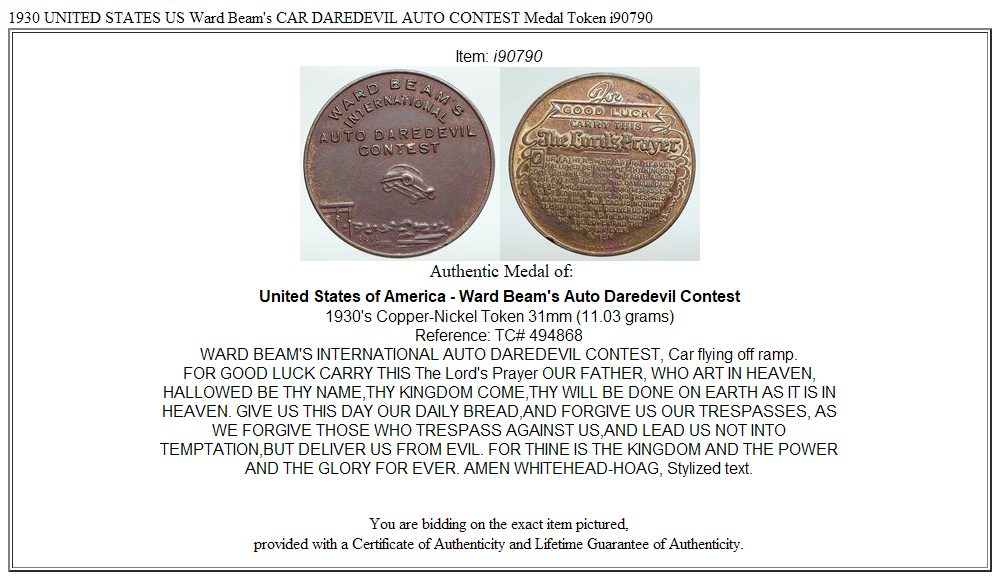 1930 UNITED STATES US Ward Beam's CAR DAREDEVIL AUTO CONTEST Medal Token i90790